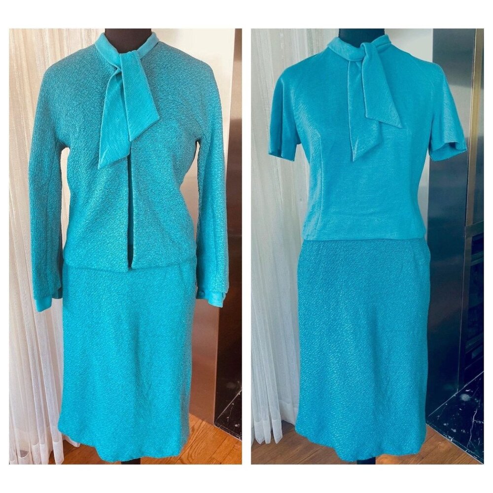 Vintage 60s 3 pieces suit, 100% wool teal jacket, top and straight skirt, AlJean